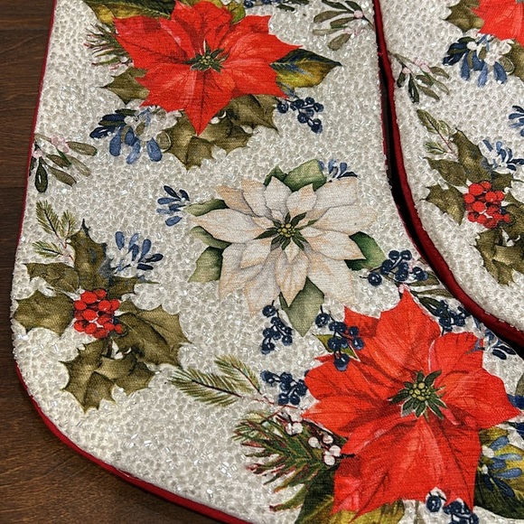 2 Tahari Embroidered  Stocking Christmas  New Beaded Poinsettia Holly Berry - Picture 3 of 5